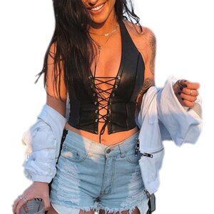 Women Black Adjustable Spaghetti Straps Pu Leather Bustier Crop Top Rave Outfit